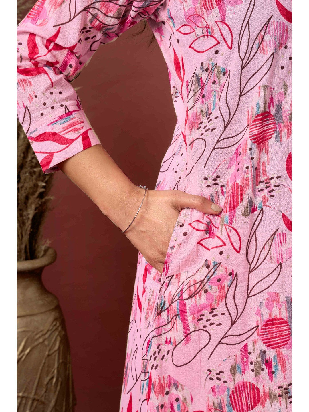 Light Peach Floral Printed Pure Cotton A-Line Kurti - Image 3
