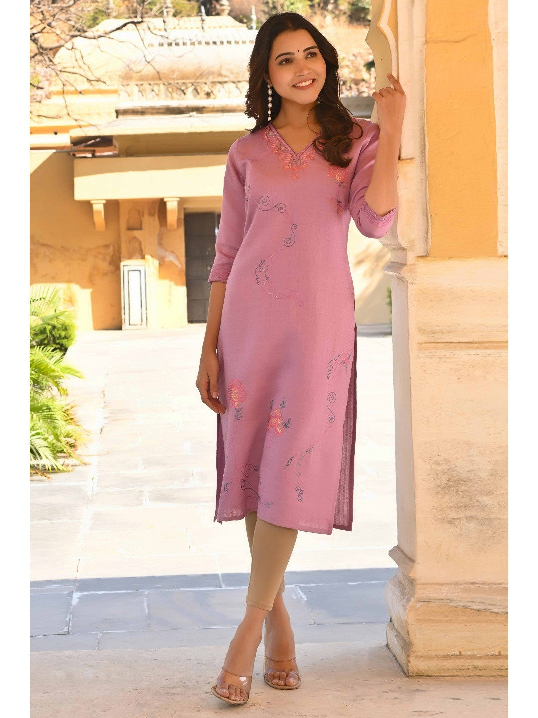 Lavender Floral Embroidered Rayon Straight Kurti - Image 1
