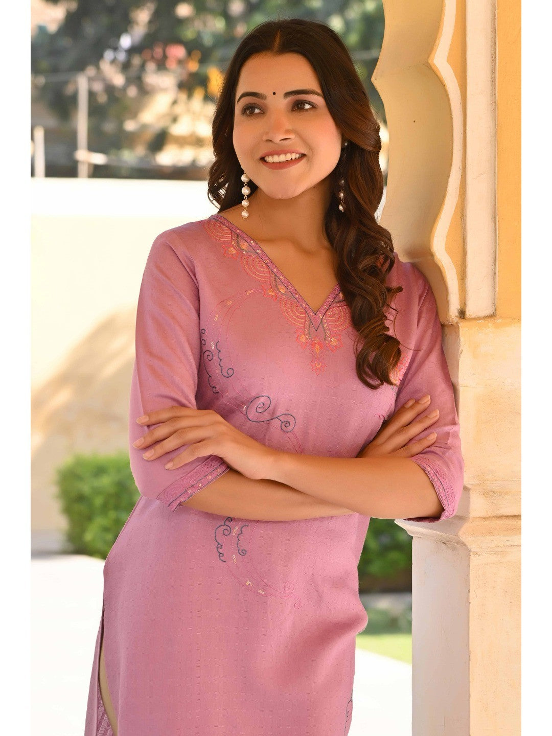 Lavender Floral Embroidered Rayon Straight Kurti - Image 3
