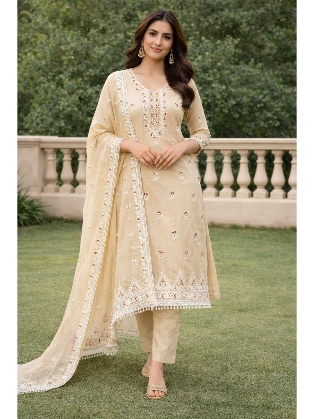 Cream Chanderi Silk Dress Material with Embroidery and Intricate Thread Detailing - Image 1