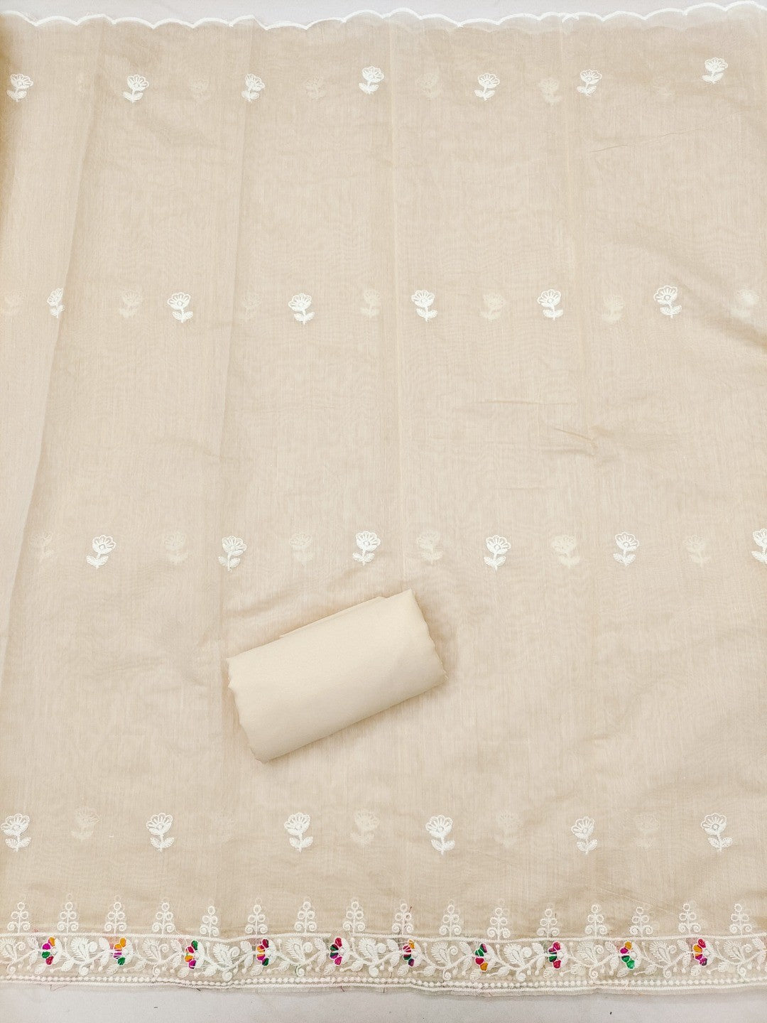 Cream Chanderi Silk Dress Material with Embroidery and Intricate Thread Detailing - Image 2