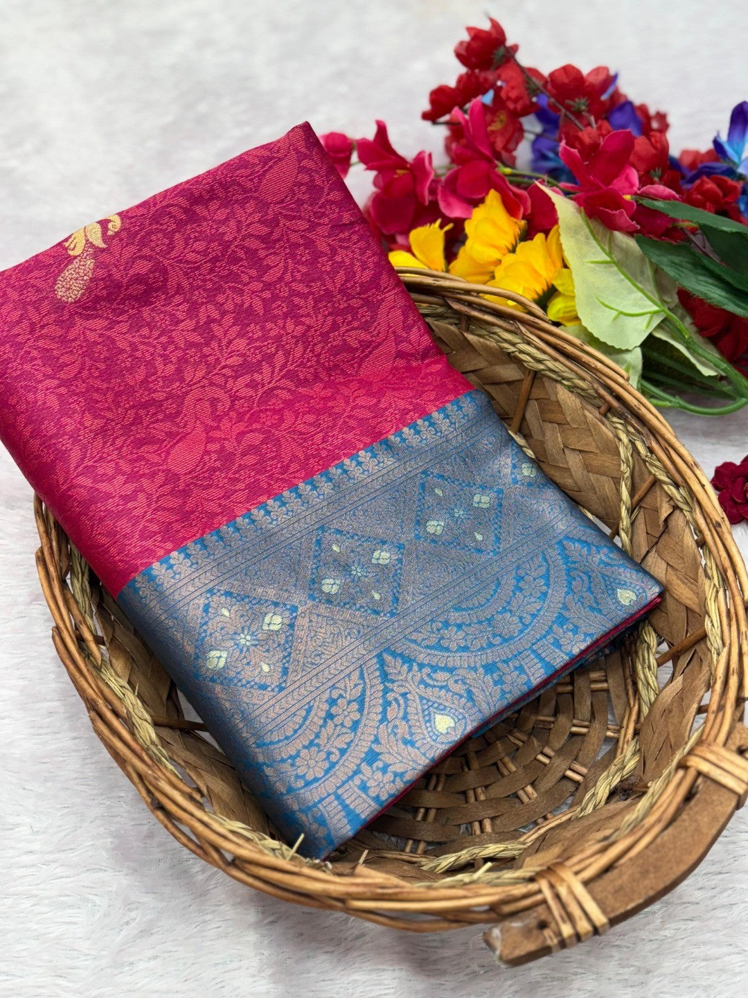 Pink Silk Blend Saree with Woven Floral Design and Detailed Woven Motifs - Image 1