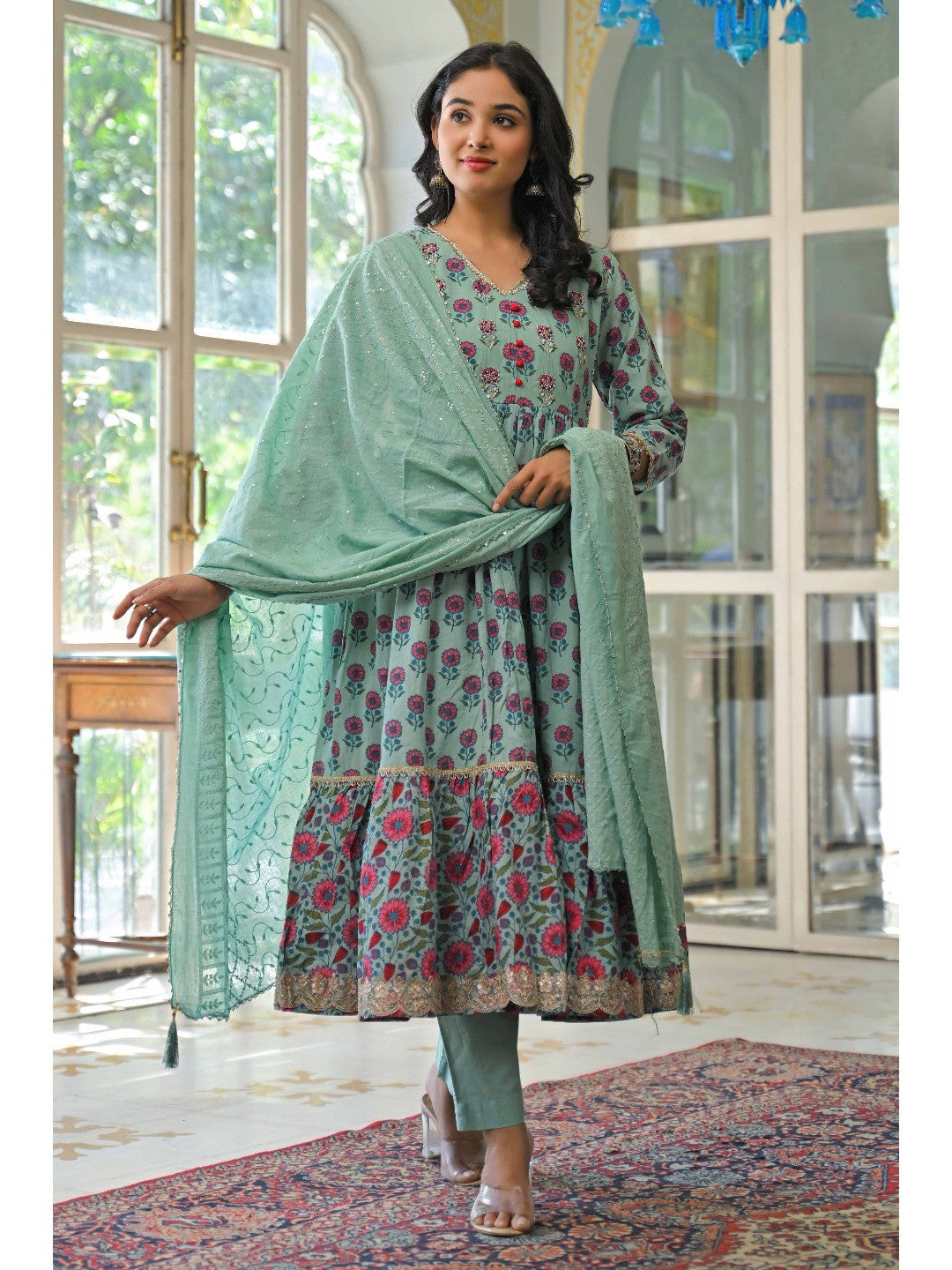 Mint Green Zardosi Work Floral Printed Pure Cotton Anarkali Salwar Suit - Image 1