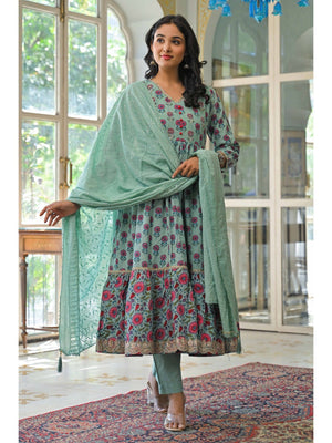 Mint Green Zardosi Work Floral Printed Pure Cotton Anarkali Salwar Suit - Image 1
