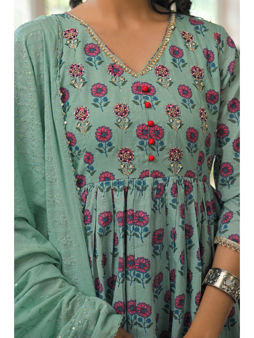 Mint Green Zardosi Work Floral Printed Pure Cotton Anarkali Salwar Suit - Image 8