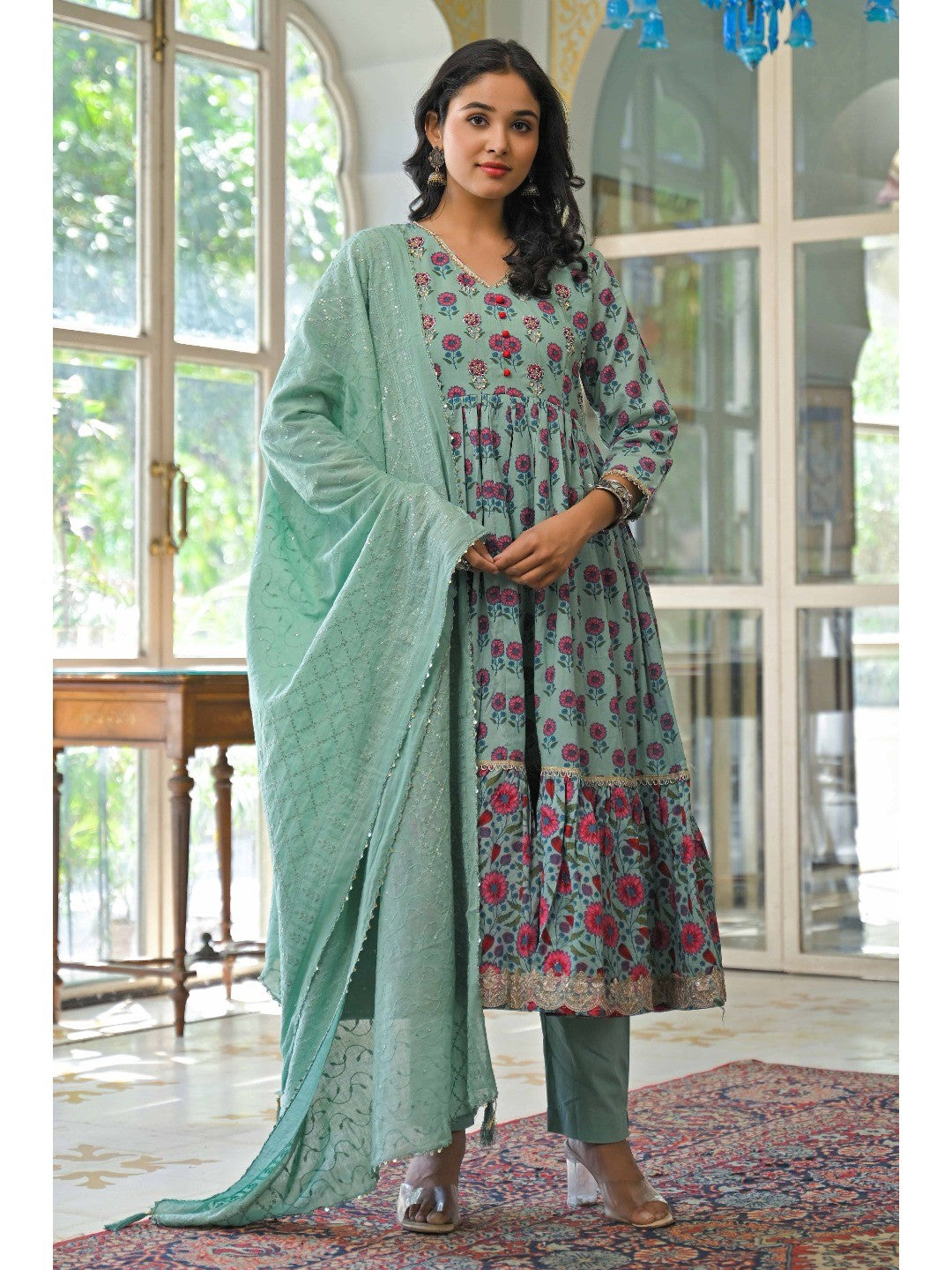 Mint Green Zardosi Work Floral Printed Pure Cotton Anarkali Salwar Suit - Image 5