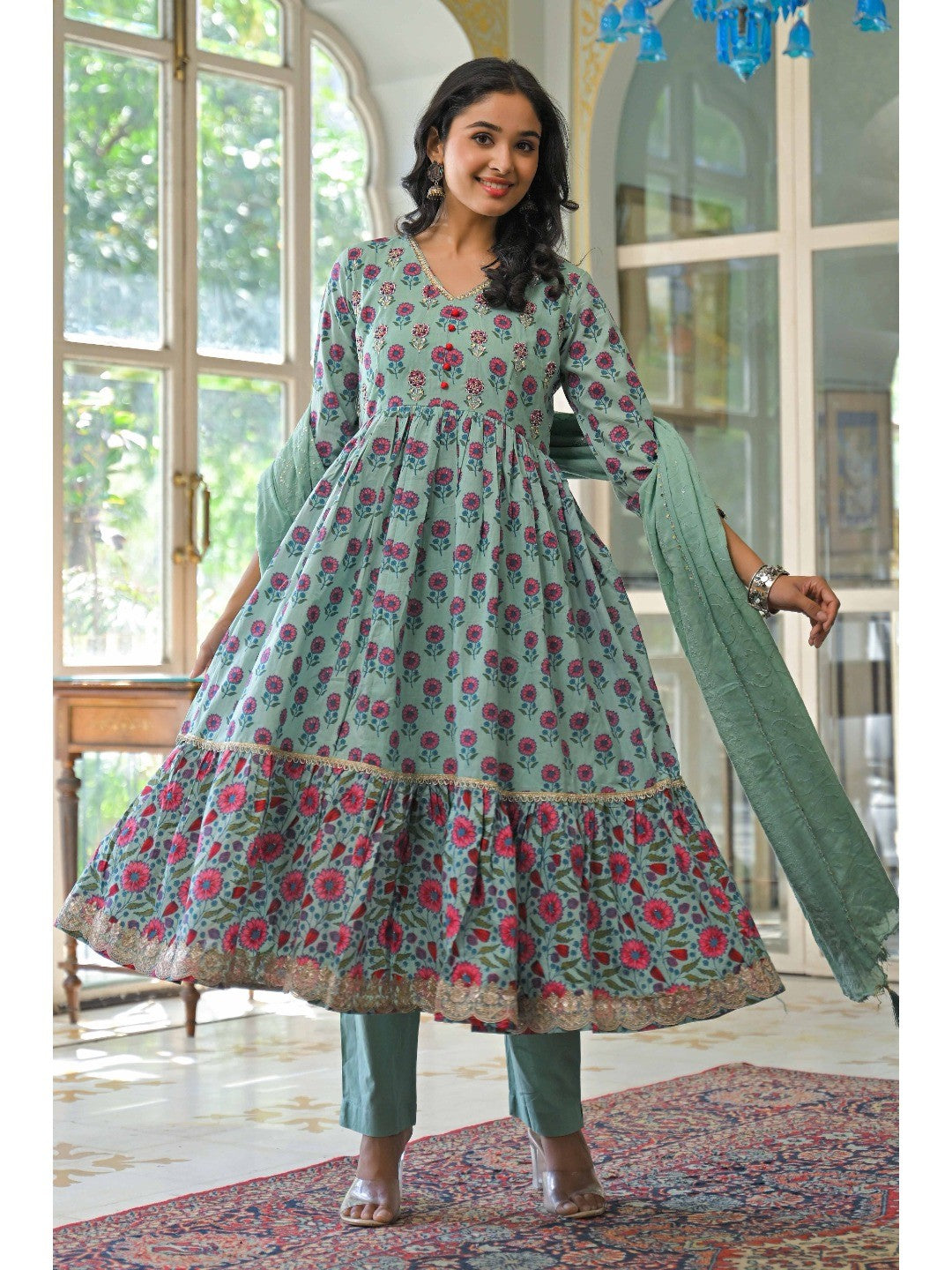 Mint Green Zardosi Work Floral Printed Pure Cotton Anarkali Salwar Suit - Image 7