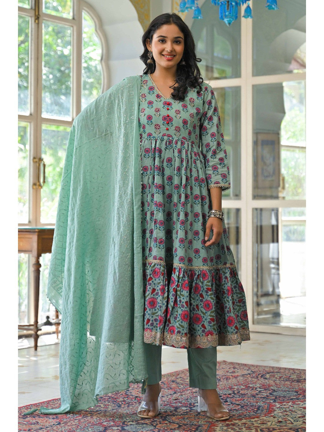 Mint Green Zardosi Work Floral Printed Pure Cotton Anarkali Salwar Suit - Image 6