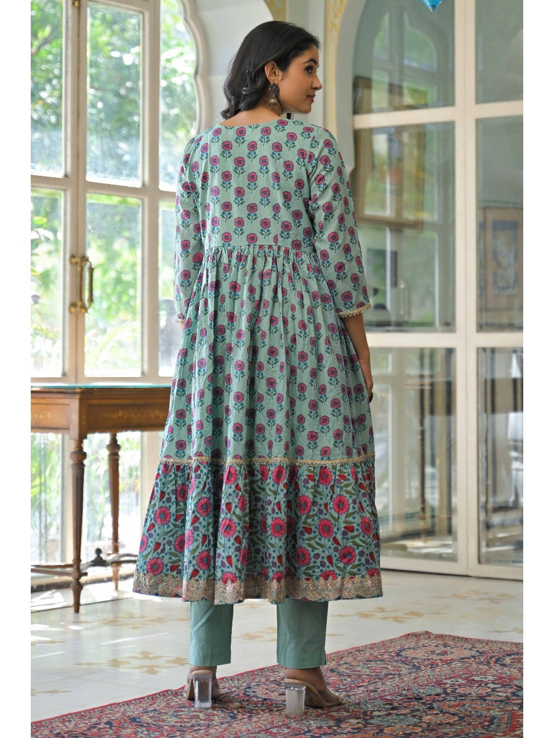 Mint Green Zardosi Work Floral Printed Pure Cotton Anarkali Salwar Suit - Image 3