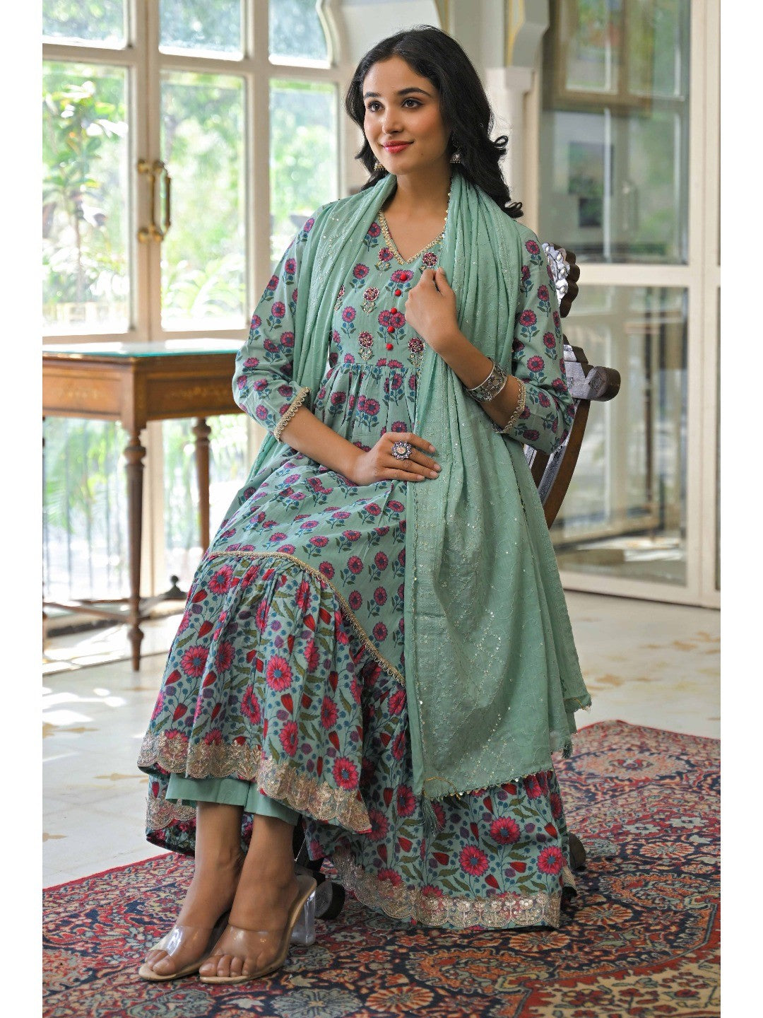 Mint Green Zardosi Work Floral Printed Pure Cotton Anarkali Salwar Suit - Image 4