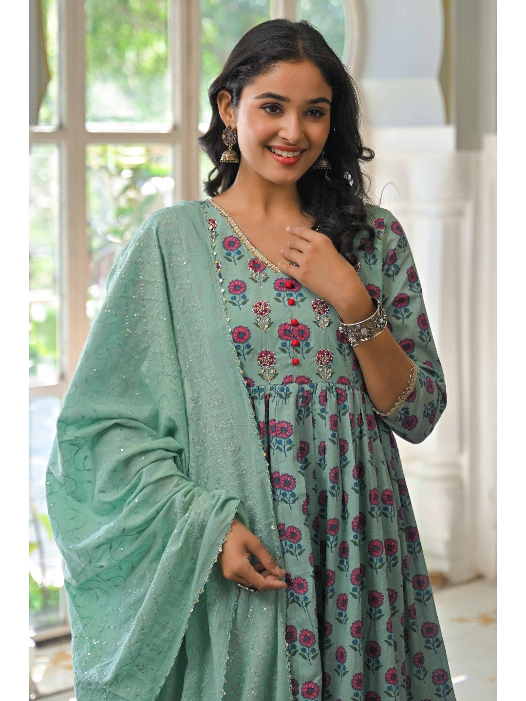 Mint Green Zardosi Work Floral Printed Pure Cotton Anarkali Salwar Suit - Image 2