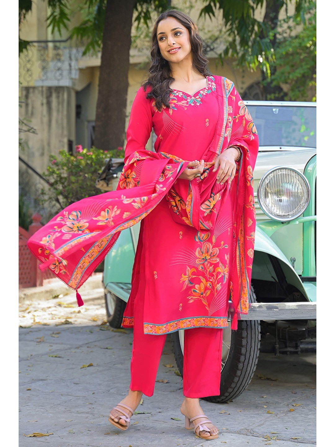 Pink Floral Printed Thread Work Chanderi Silk Straight Salwar Suit - Image 1
