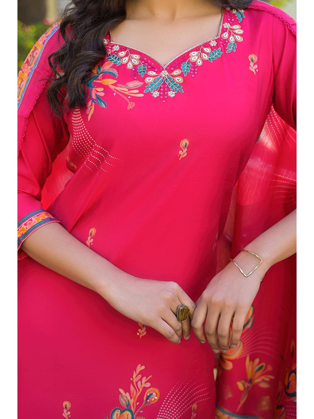 Pink Floral Printed Thread Work Chanderi Silk Straight Salwar Suit - Image 7