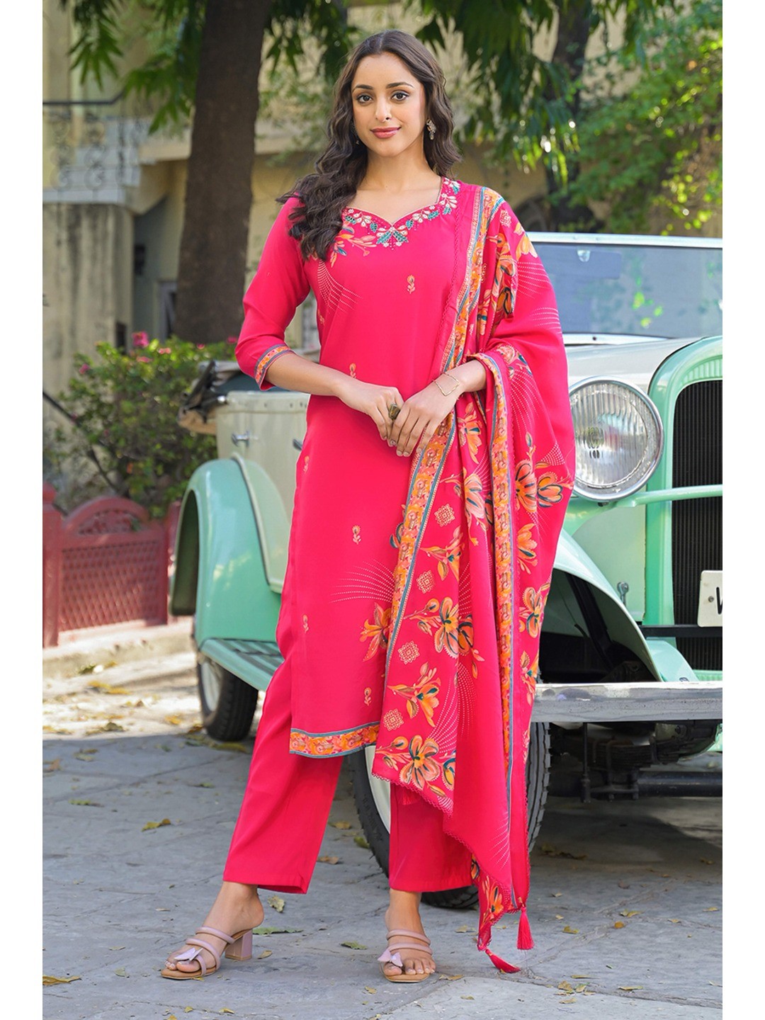 Pink Floral Printed Thread Work Chanderi Silk Straight Salwar Suit - Image 8