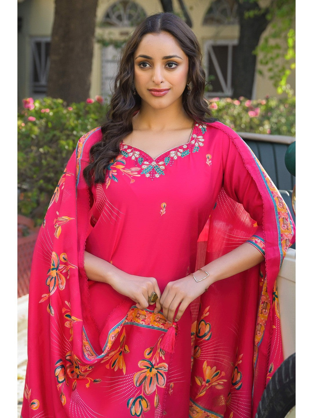 Pink Floral Printed Thread Work Chanderi Silk Straight Salwar Suit - Image 9