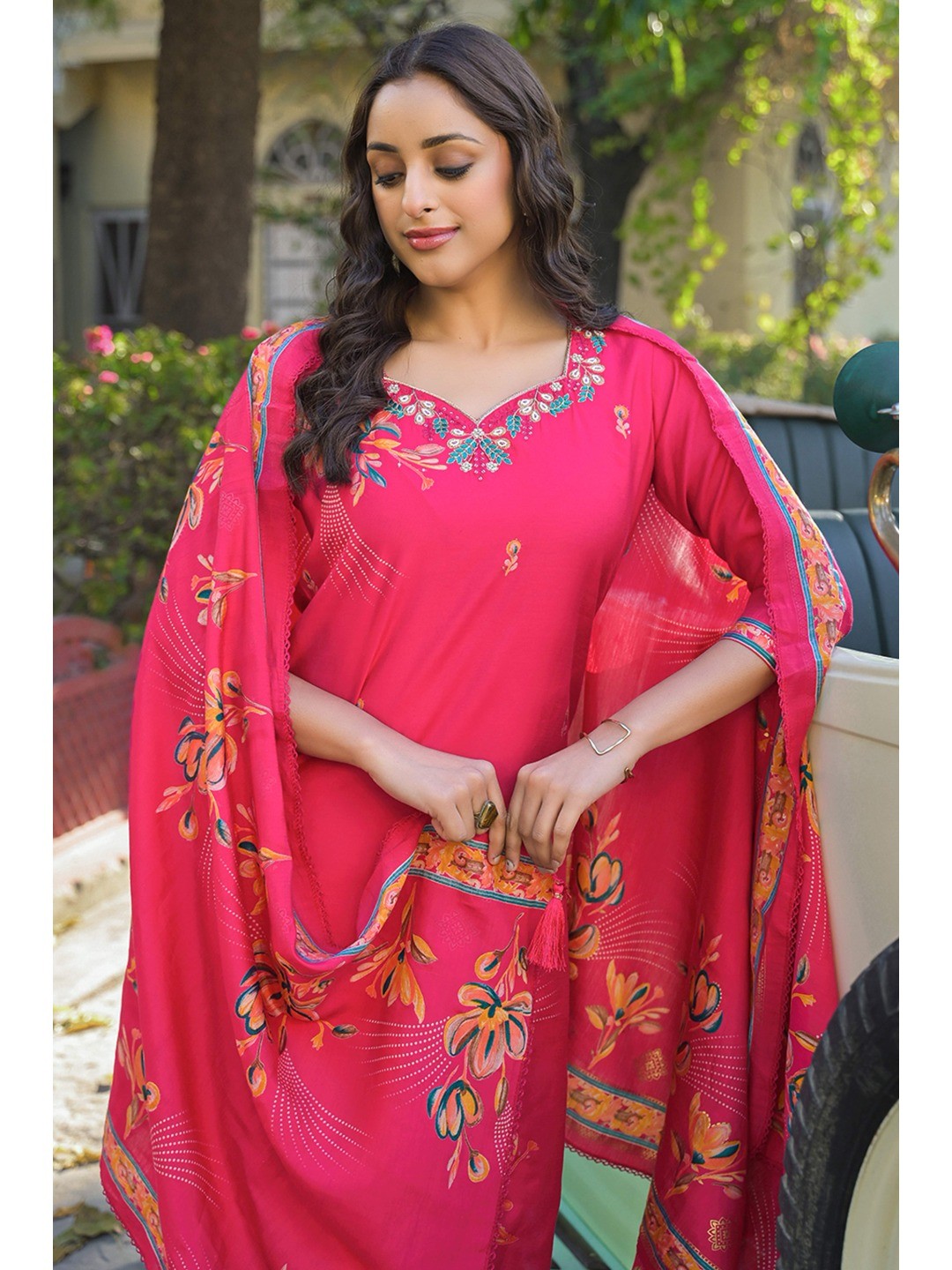 Pink Floral Printed Thread Work Chanderi Silk Straight Salwar Suit - Image 2