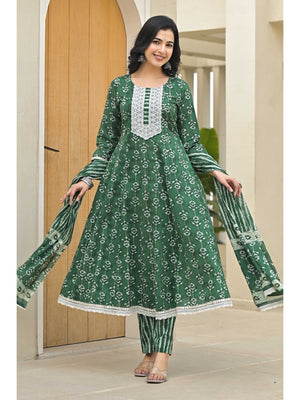 Green Floral Printed Pure Cotton Anarkali Salwar Suit - Image 1