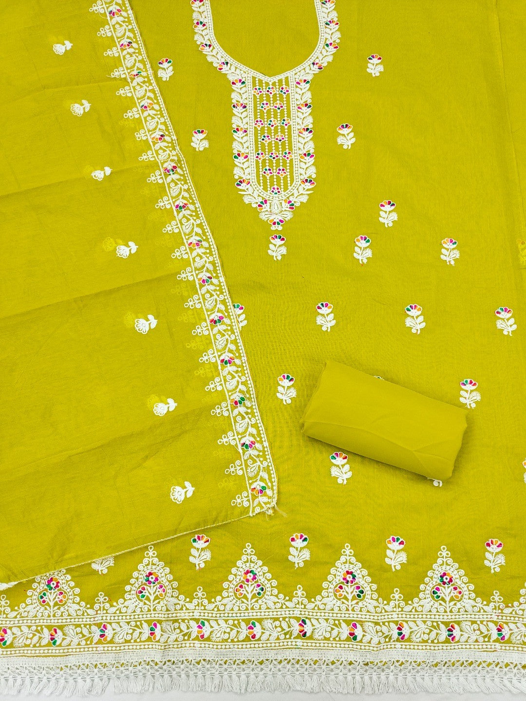 Green Chanderi Silk Dress Material with Embroidery and Intricate Thread Detailing - Image 1