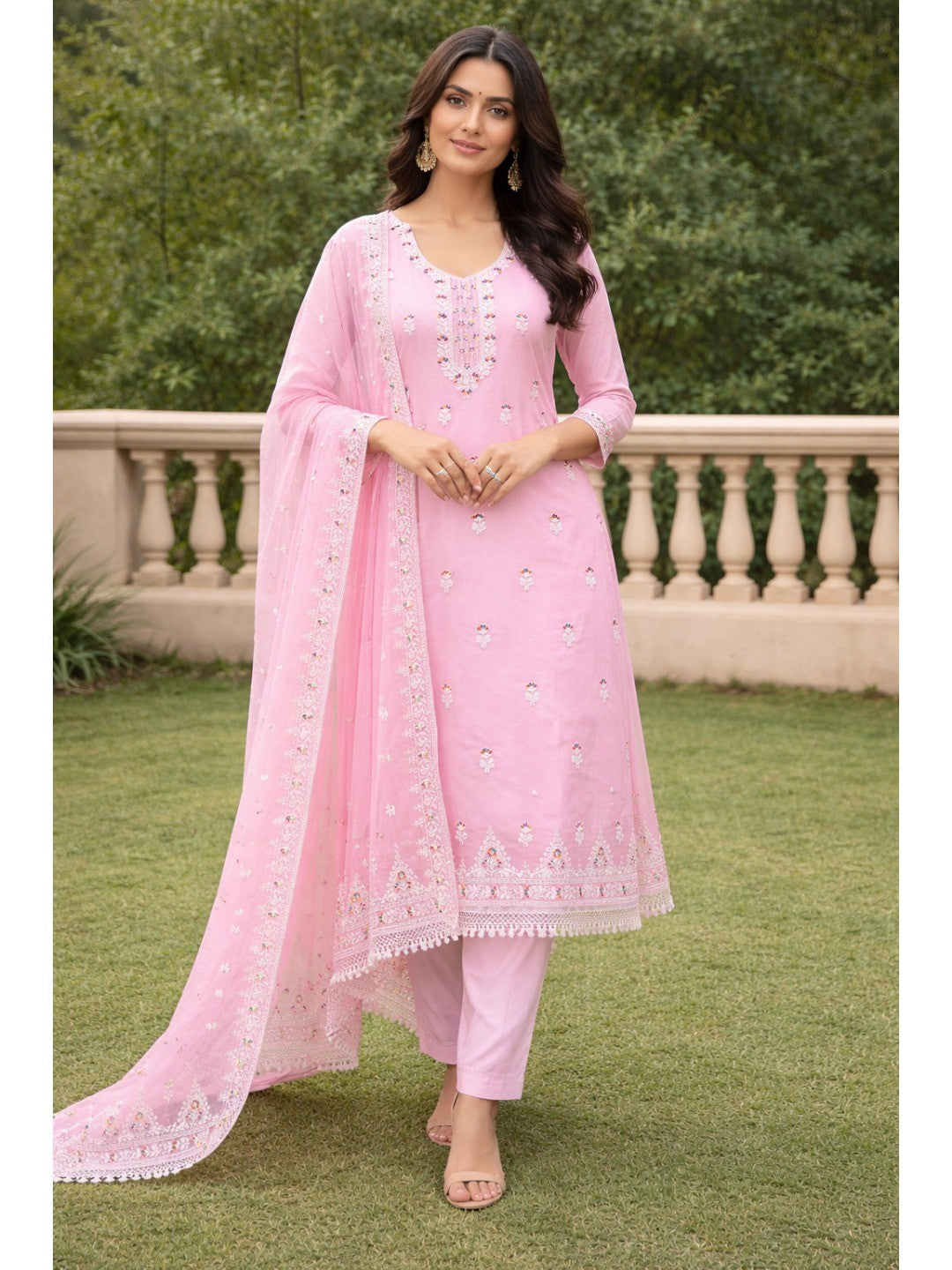 Pink Chanderi Silk Dress Material with Embroidery and Intricate Thread Detailing - Image 1