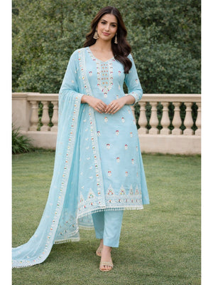 Sky Blue Chanderi Silk Dress Material with Embroidery and Intricate Thread Detailing - Image 1