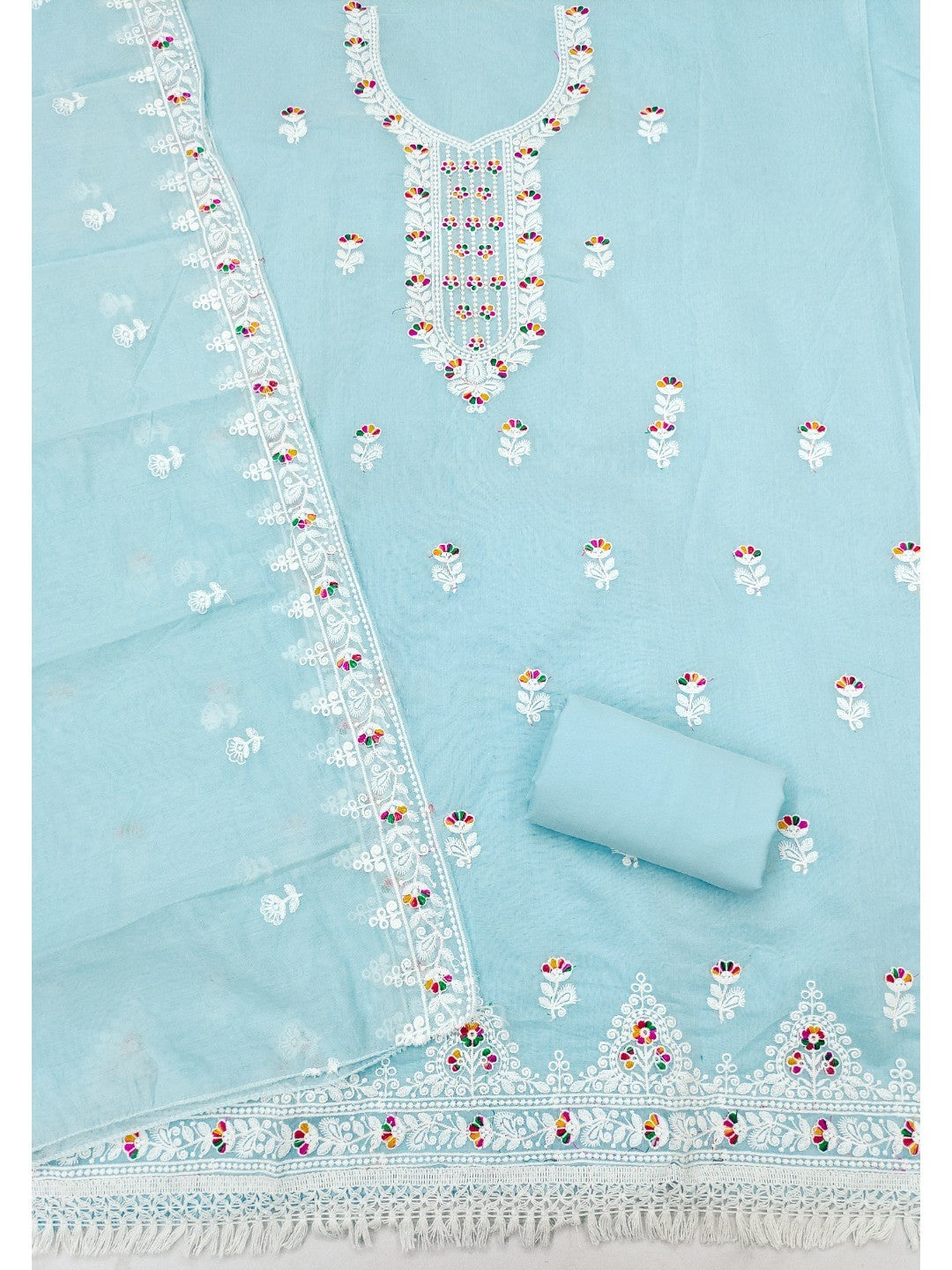 Sky Blue Chanderi Silk Dress Material with Embroidery and Intricate Thread Detailing - Image 3