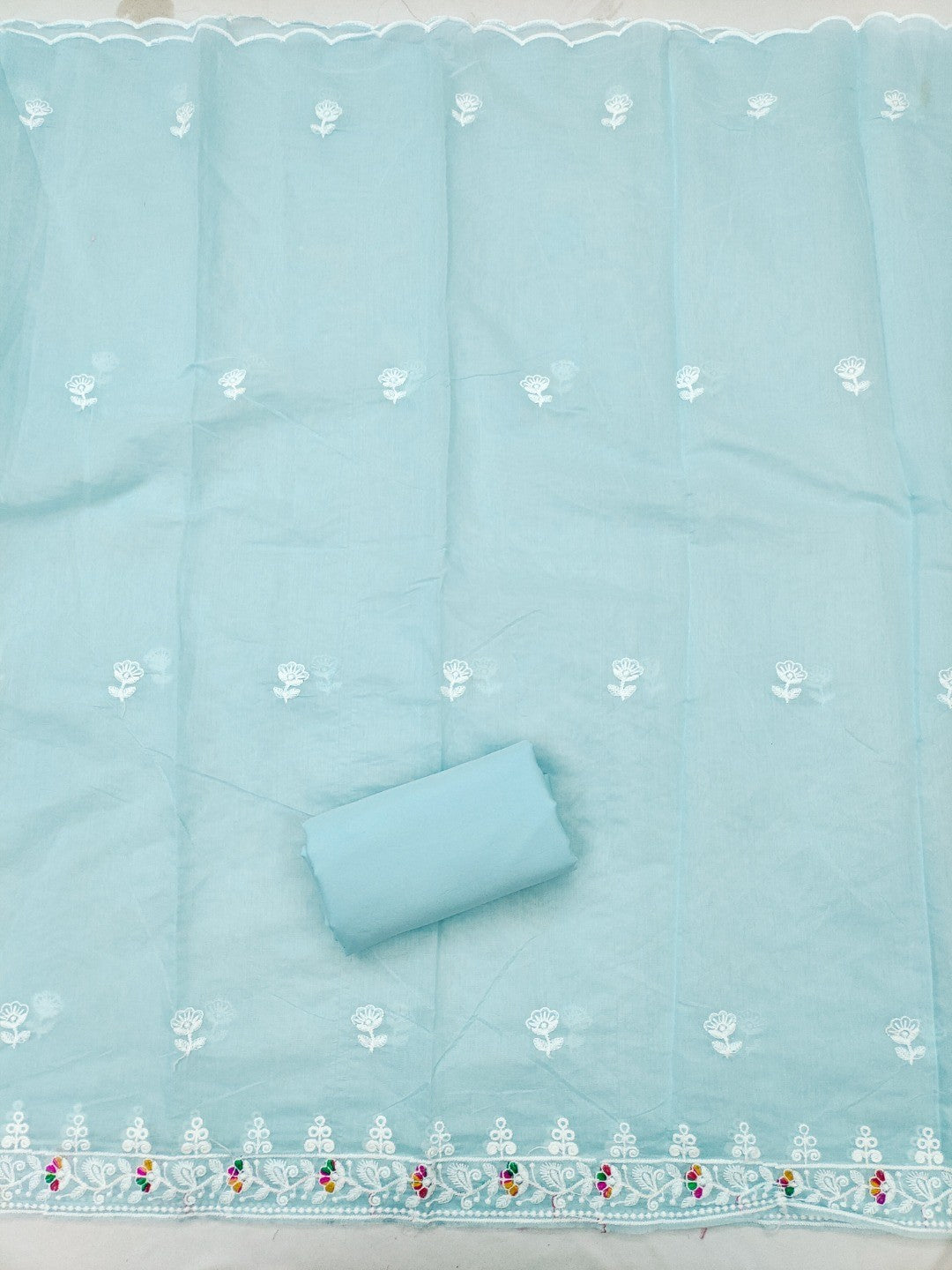 Sky Blue Chanderi Silk Dress Material with Embroidery and Intricate Thread Detailing - Image 3