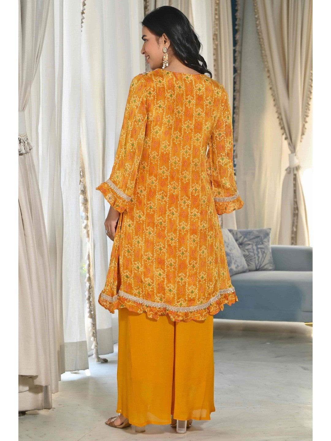 Mustard Bandhani Printed Chinon Co-Ord Set - Image 4