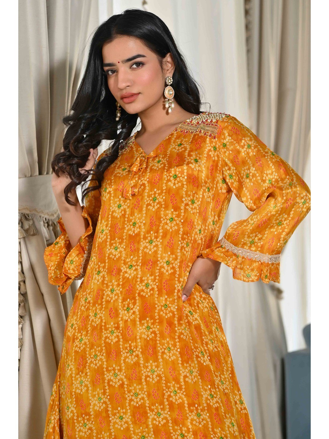 Mustard Bandhani Printed Chinon Co-Ord Set - Image 3