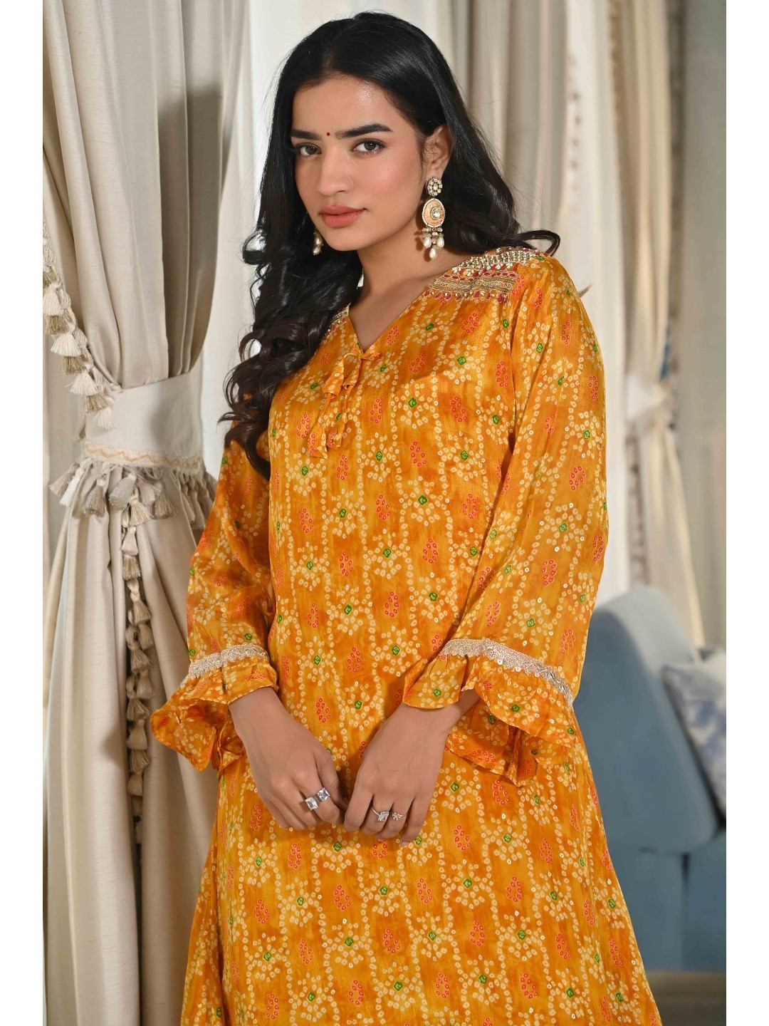 Mustard Bandhani Printed Chinon Co-Ord Set - Image 2