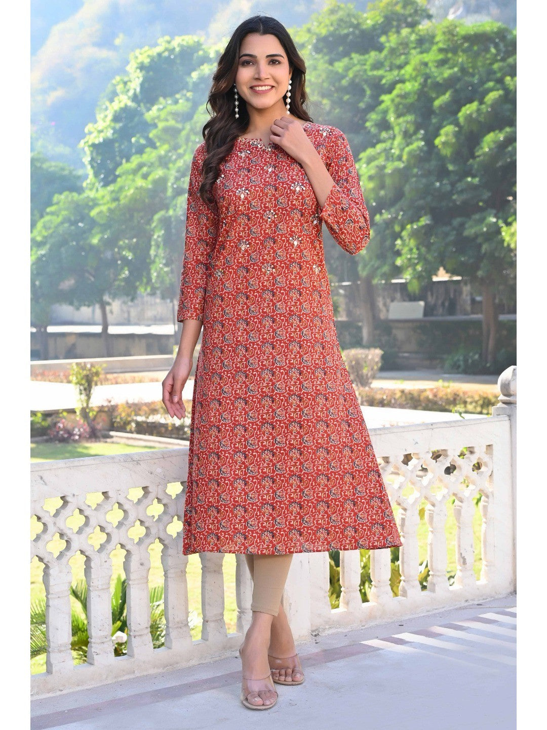 Red Floral Printed Pure Cotton Straight Kurti - Image 1