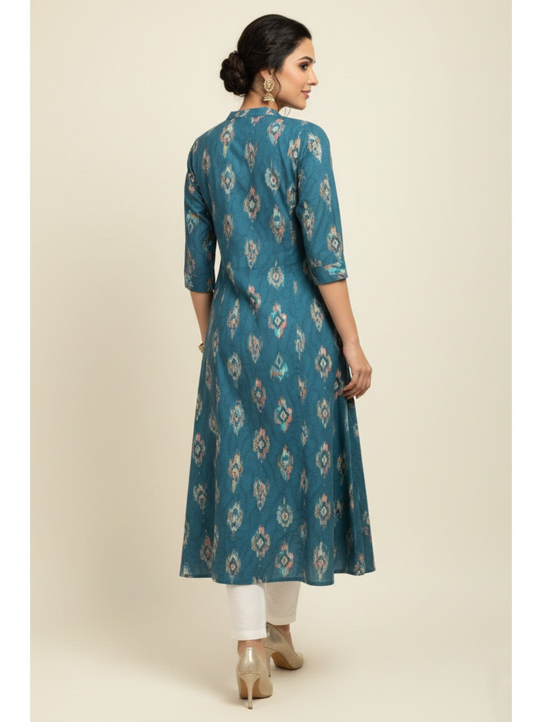 Dark Turquoise Ikkat Printed Pure Cotton A-Line Kurti - Image 4