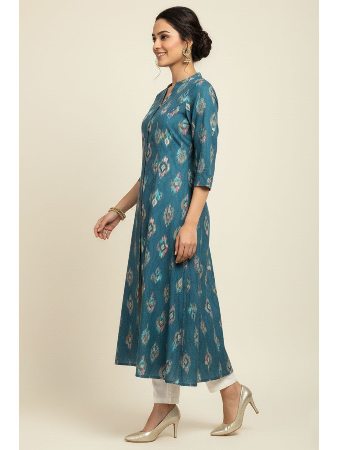 Dark Turquoise Ikkat Printed Pure Cotton A-Line Kurti - Image 3