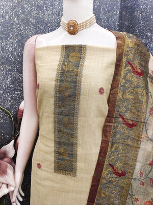 Cream Chanderi Silk Dress Material with Floral Dupatta and Fine Floral Detailing - Image 2