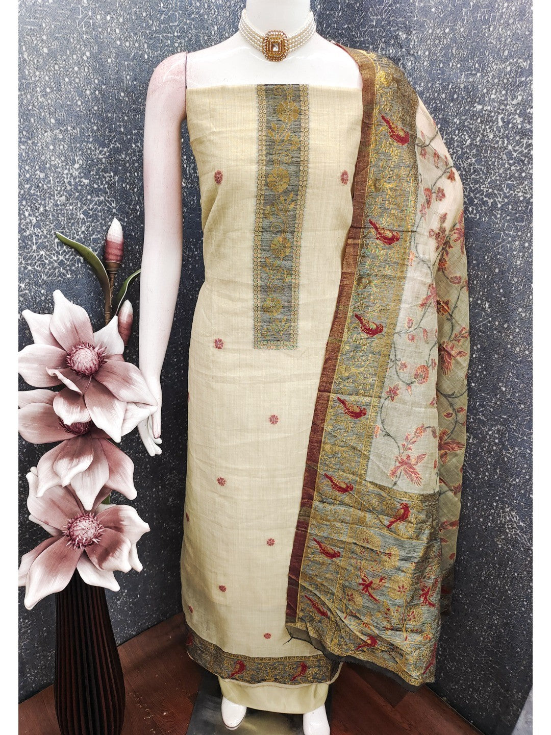 Cream Chanderi Silk Dress Material with Floral Dupatta and Fine Floral Detailing - Image 3