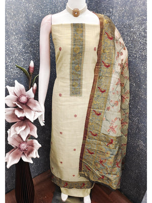 Cream Chanderi Silk Dress Material with Floral Dupatta and Fine Floral Detailing - Image 2