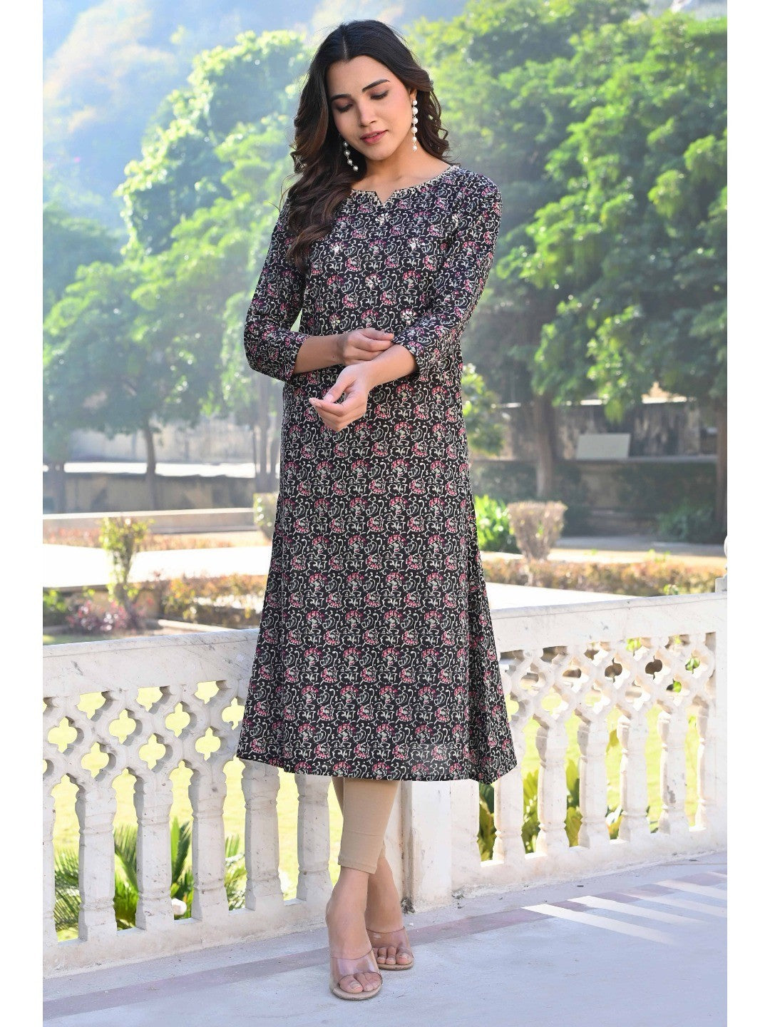 Black Floral Printed Pure Cotton Straight Kurti - Image 1