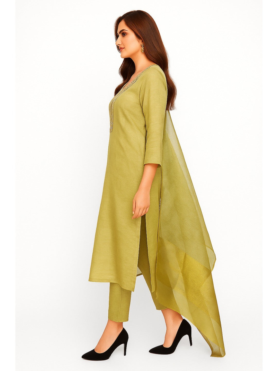 Light Green Floral Embroidered Shimmer Straight Salwar Suit - Image 3