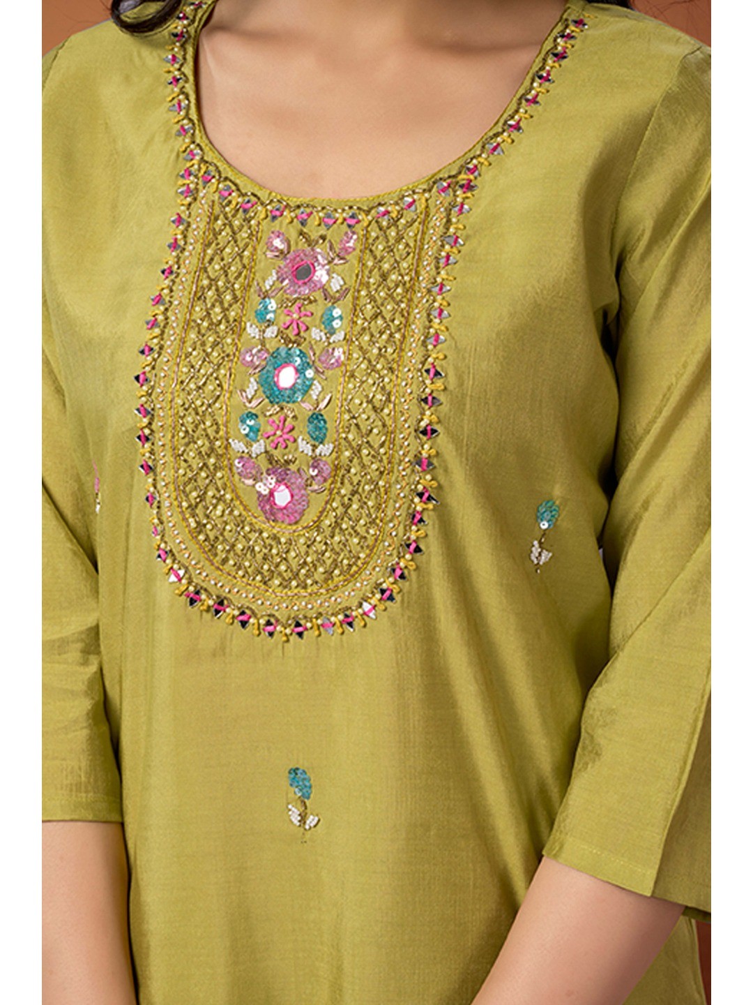 Lime Green Beads Work Embroidered Shimmer Straight Salwar Suit - Image 6