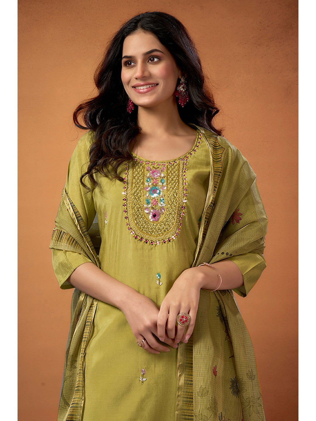 Lime Green Beads Work Embroidered Shimmer Straight Salwar Suit - Image 2