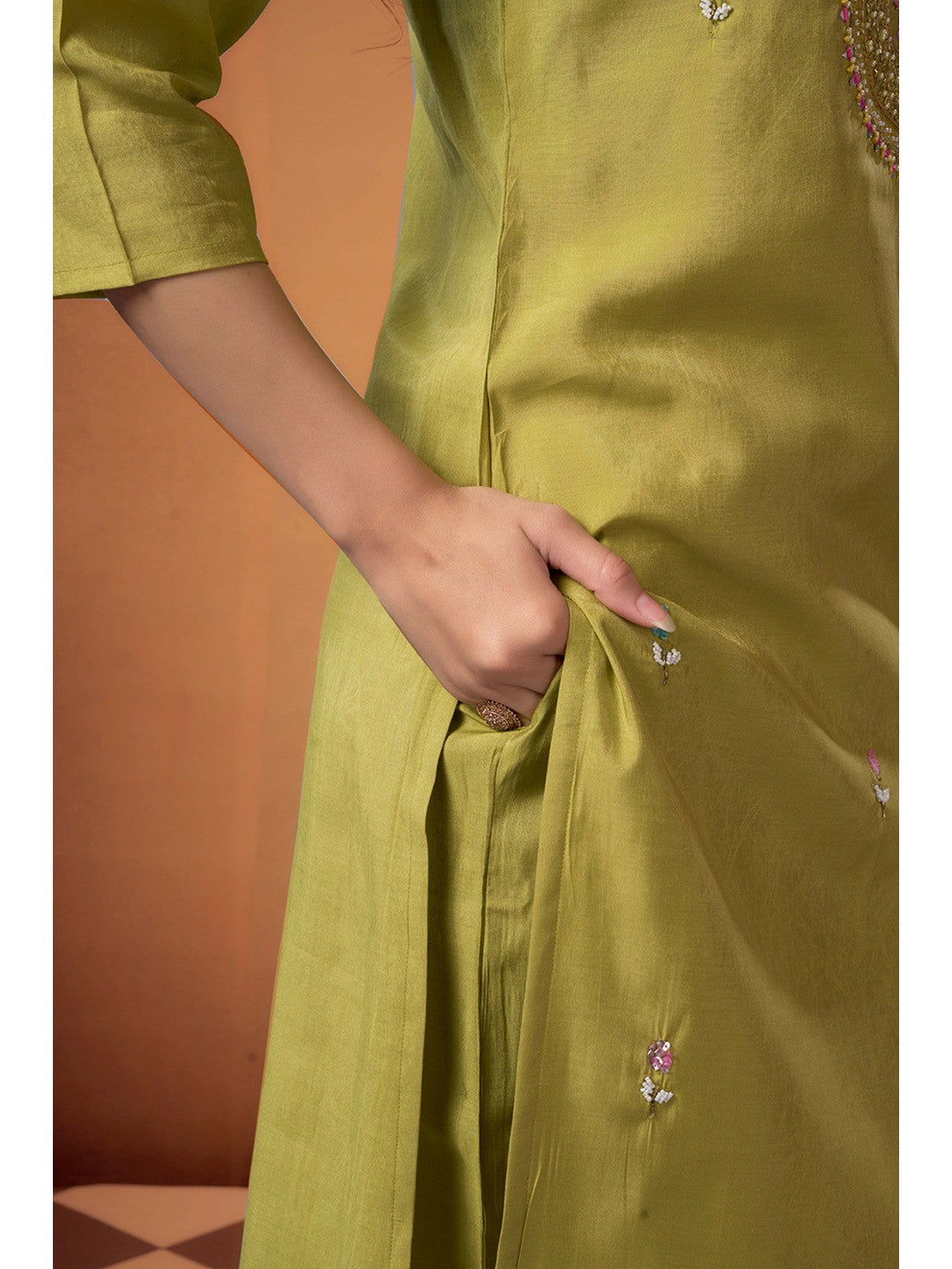 Lime Green Beads Work Embroidered Shimmer Straight Salwar Suit - Image 4