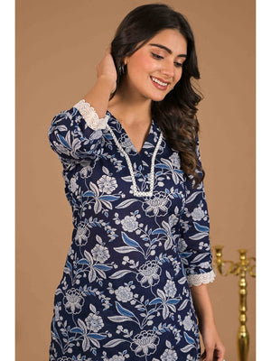 Navy Blue Floral Printed Pure Cotton Top Bottom Set - Image 2