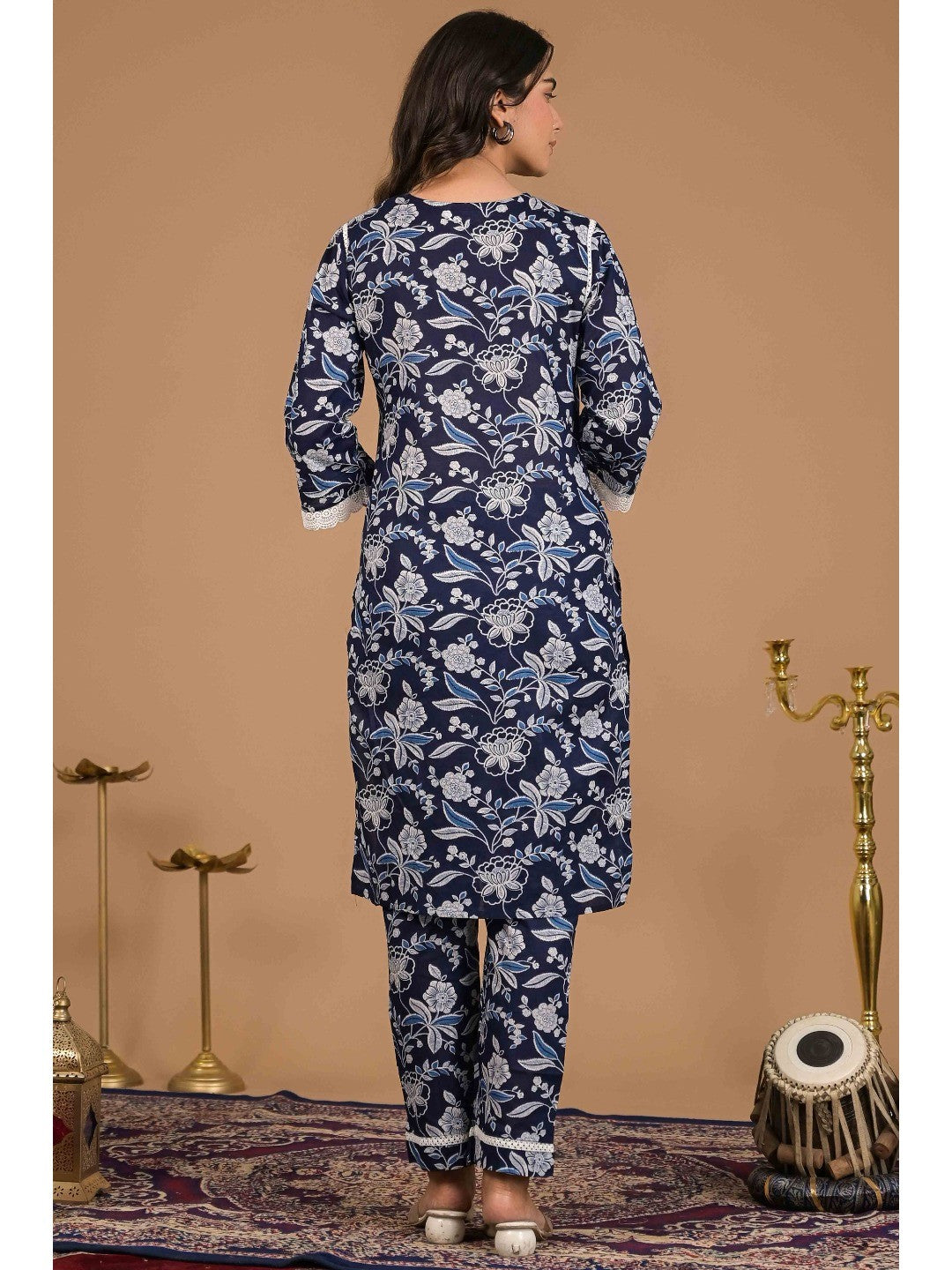 Navy Blue Floral Printed Pure Cotton Top Bottom Set - Image 5