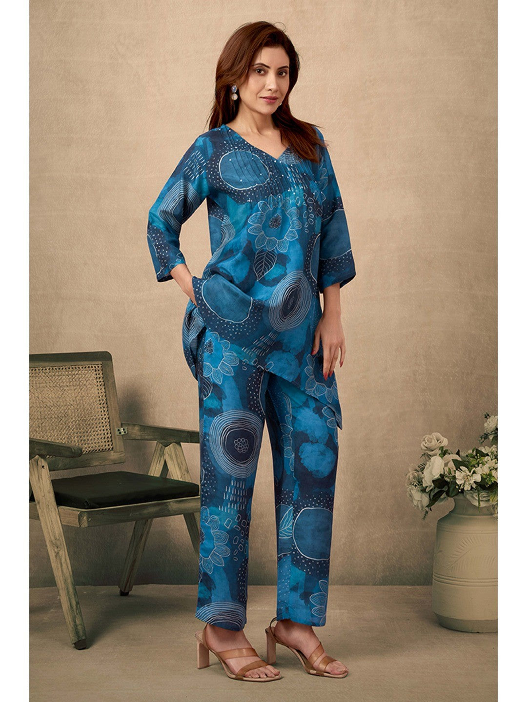 Teal Co-Ord Set In Muslin with Floral Print & Sequin Sparkle - Image 6