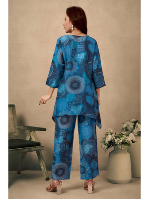 Teal Co-Ord Set In Muslin with Floral Print & Sequin Sparkle - Image 2