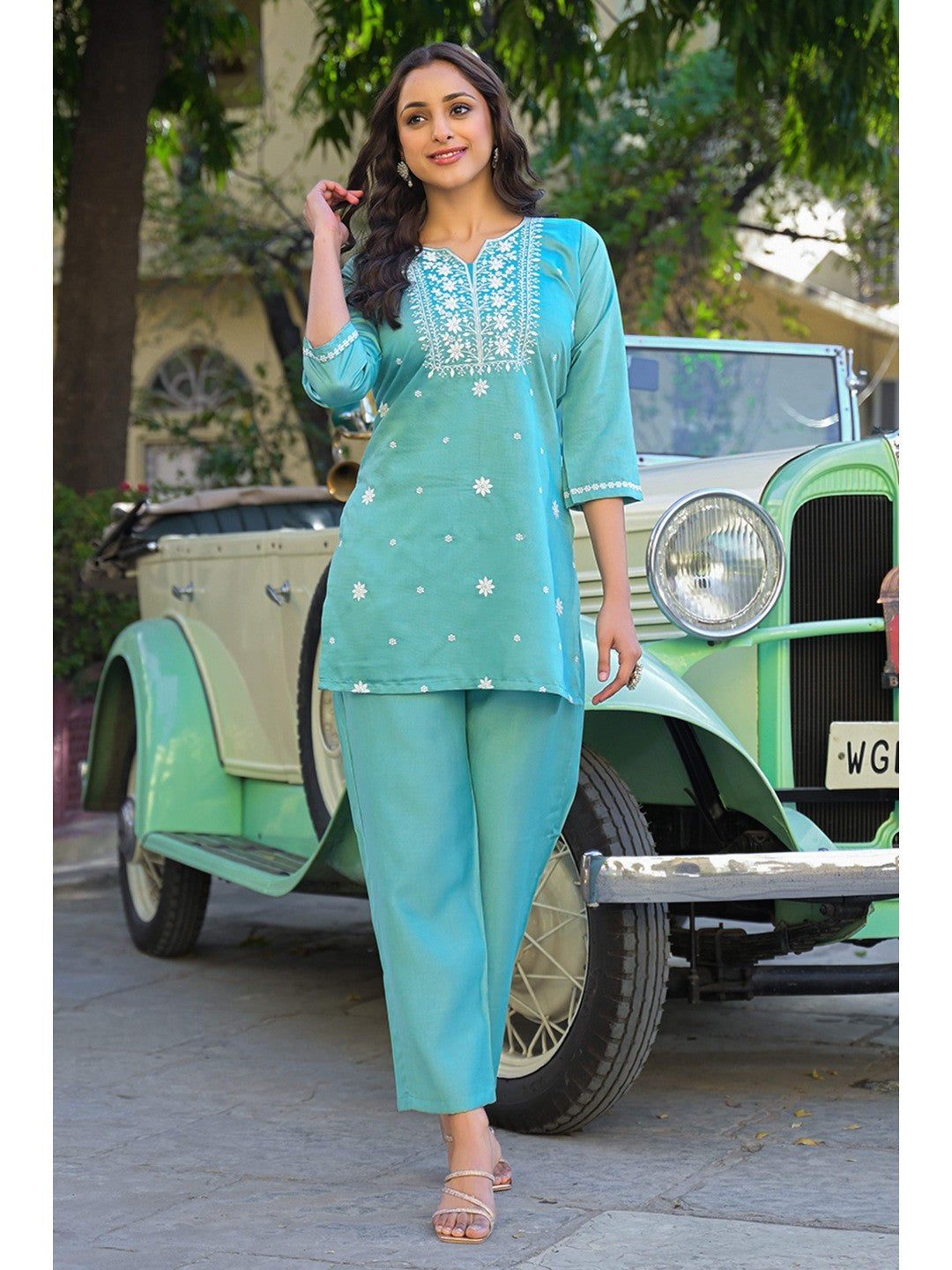 Mint Green Floral Embroidered Viscose Gadwal Silk Top Bottom Set - Image 1