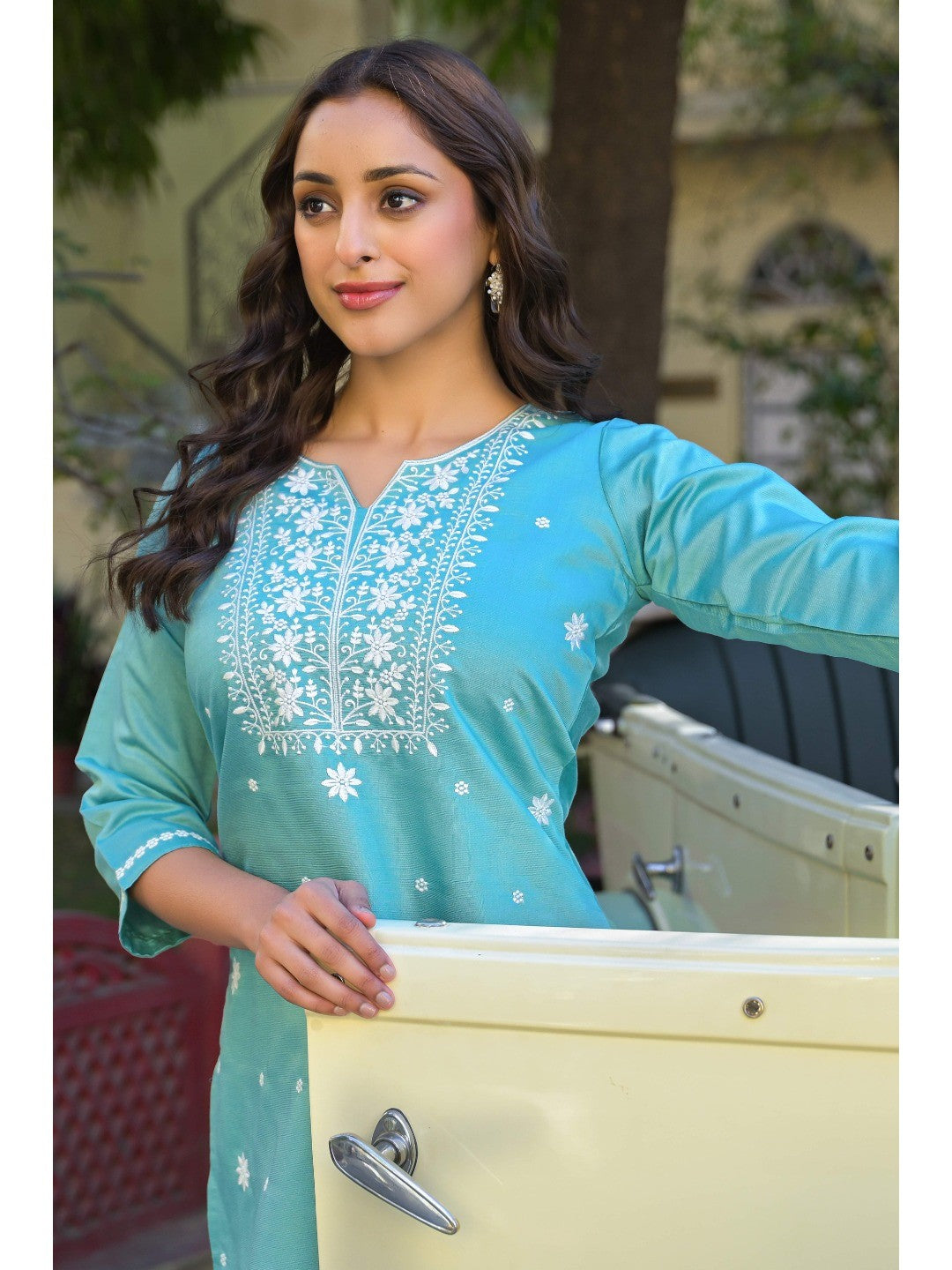 Mint Green Floral Embroidered Viscose Gadwal Silk Top Bottom Set - Image 8