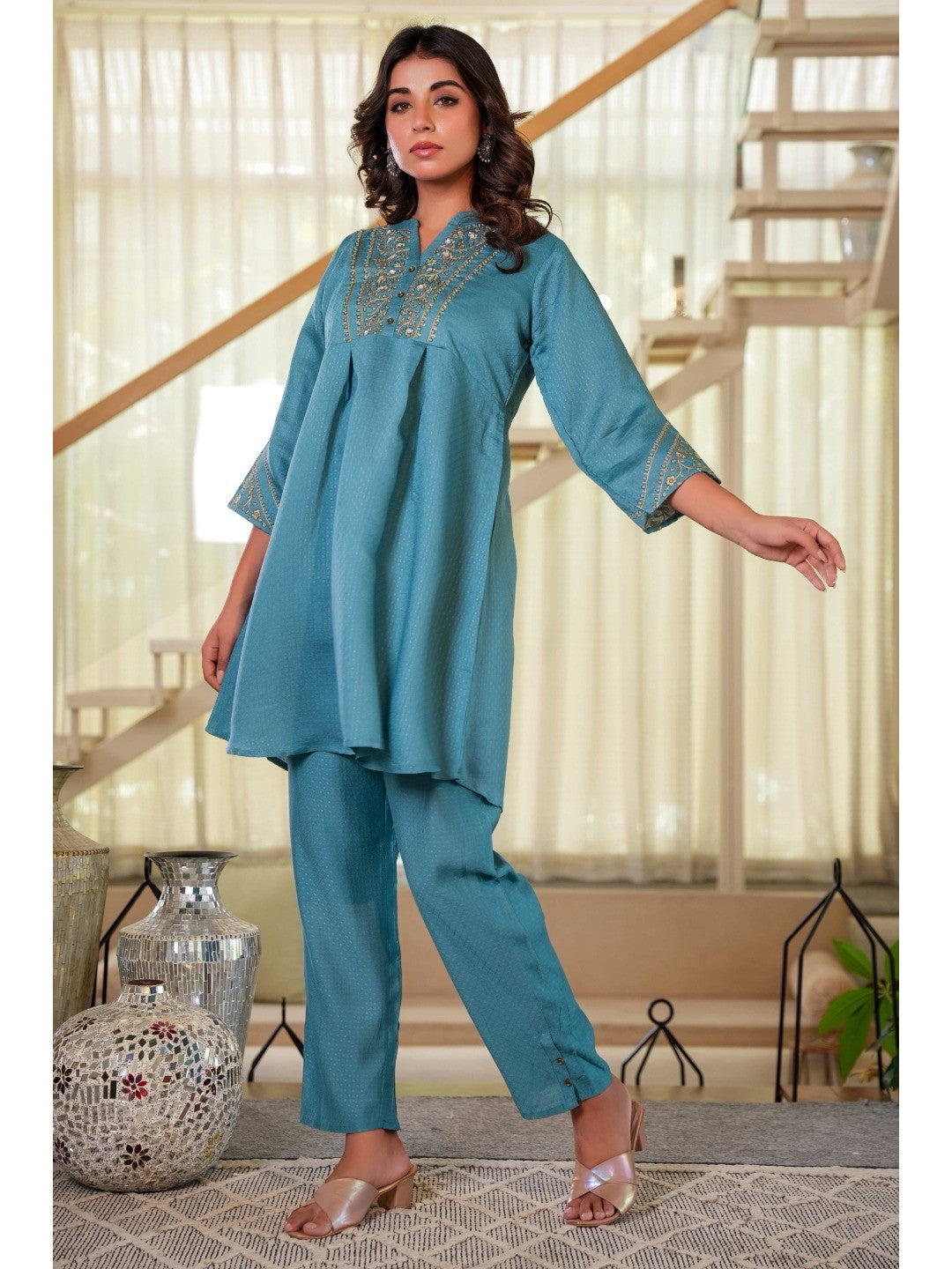 Sea Green Co-Ord Outfit in Viscose Fabric with Neck Embroidery Accent - Image 6