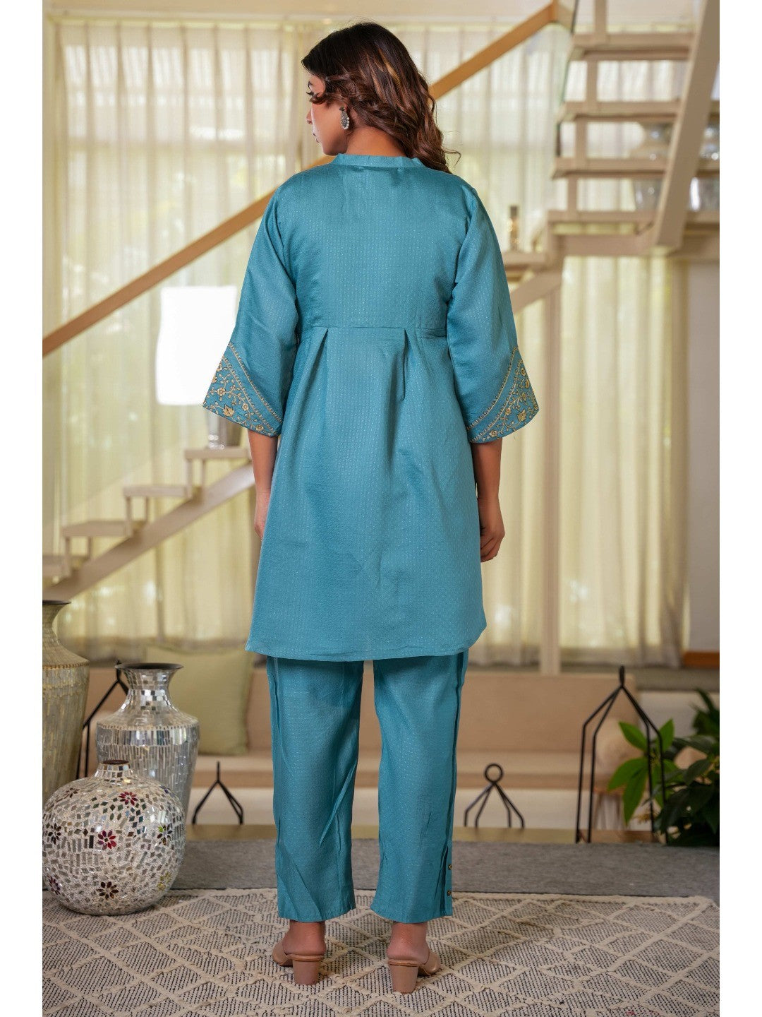 Sea Green Co-Ord Outfit in Viscose Fabric with Neck Embroidery Accent - Image 7