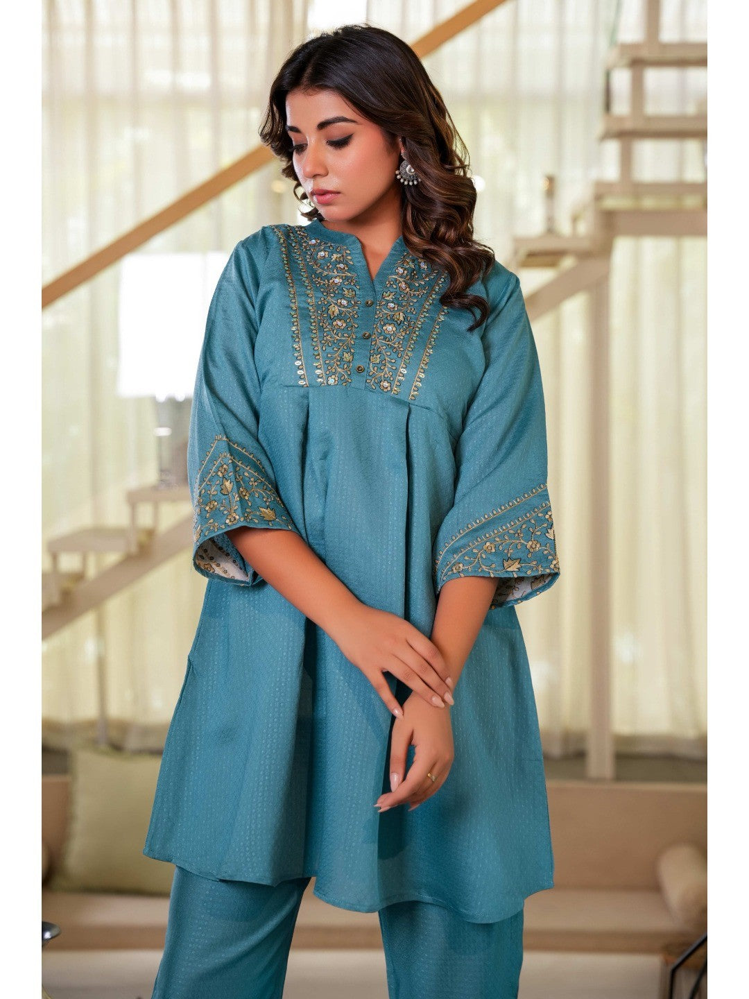 Sea Green Co-Ord Outfit in Viscose Fabric with Neck Embroidery Accent - Image 5