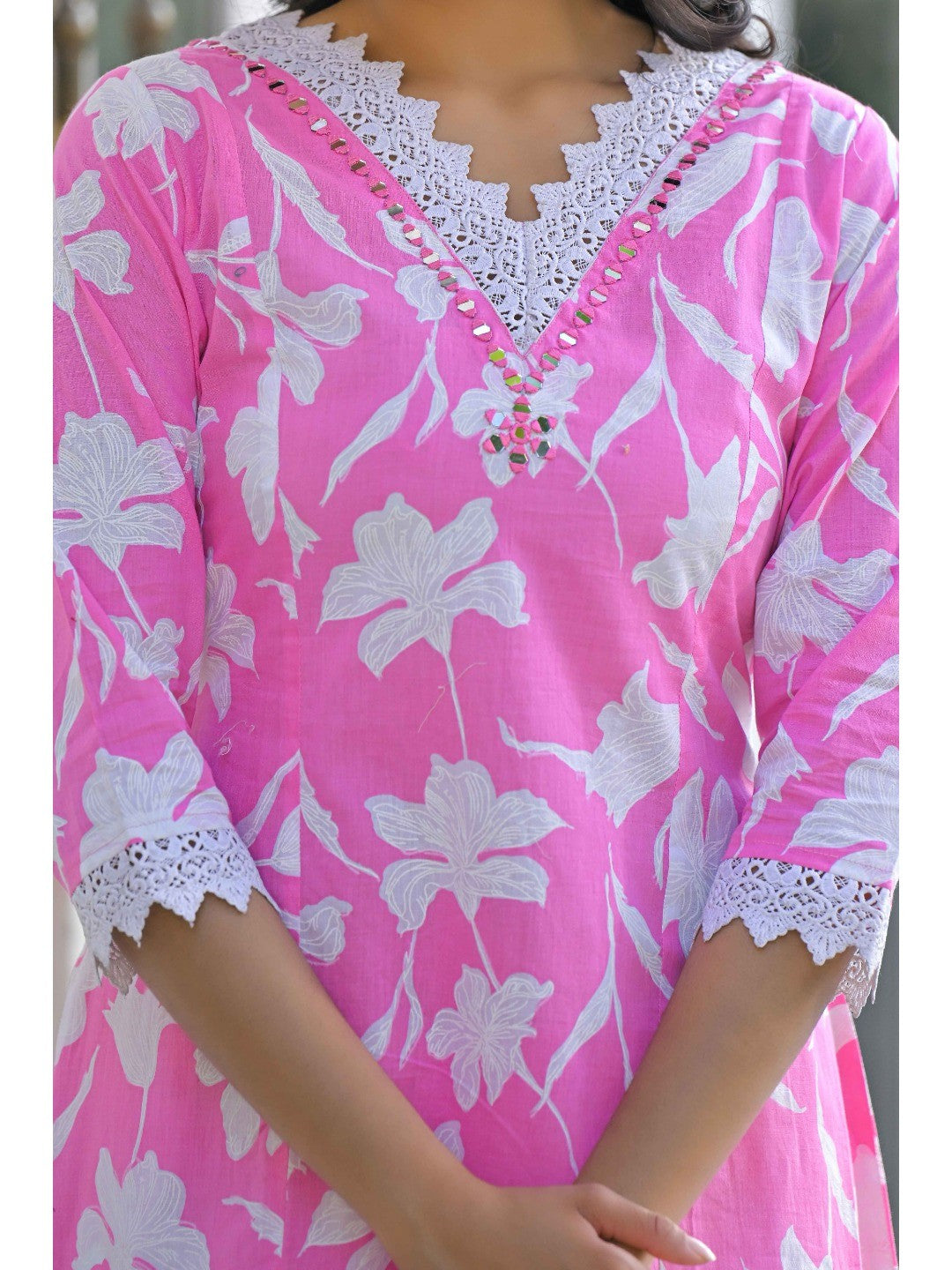 Pink Floral Printed Pure Cotton A-Line Top Bottom Set - Image 7